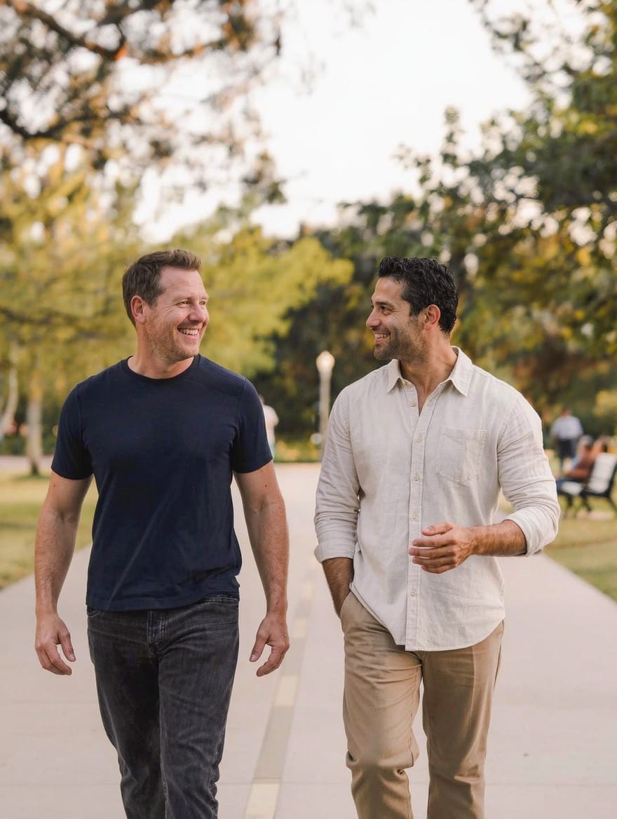 Two men walking together on a path. long-term Veteran recovery depends on sustained treatment and peer connection