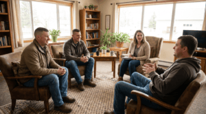 A veteran visiting a group addiction treatment session