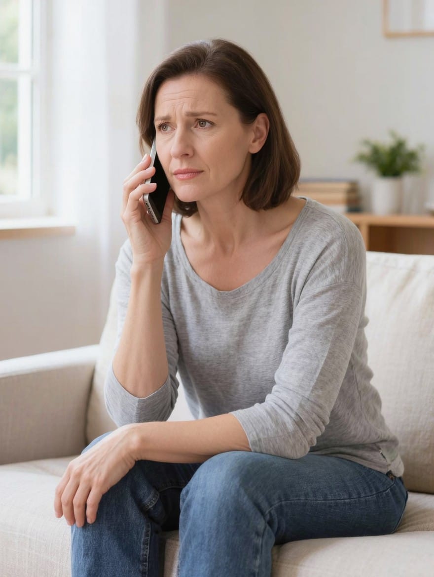 Woman on phone with concerned expression. families reaching out for help with a Veteran addiction intervention