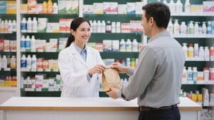 Pharmacist handing prescription to patient — MAT medications reduce opioid mortality by more than 50 percent
