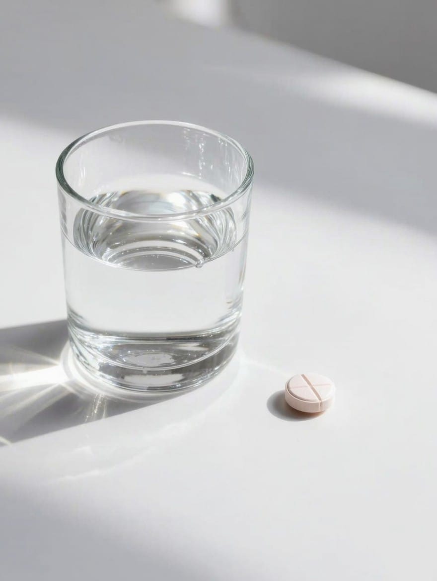 Glass of water with a single pill. medication-assisted treatment uses FDA-approved medications to reduce cravings and prevent relapse