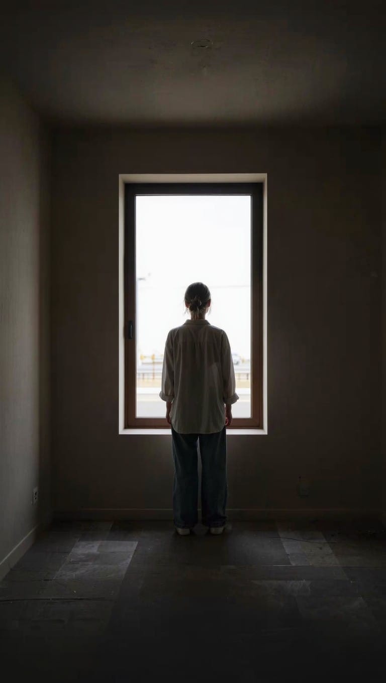 Female veteran silhouette at window. healing from military sexual trauma requires safety, not silence