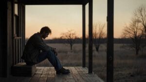 Young veteran sitting alone at dusk — moral injury and addiction often begin long before anyone asks why