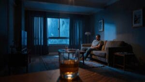 Young veteran alone at night with alcohol — PTSD and alcohol abuse in Veterans creates a self-reinforcing neurological loop
