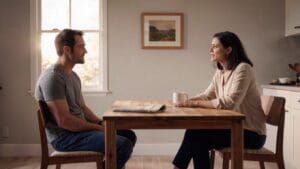 Couple talking at kitchen table — families supporting Veteran recovery must learn the difference between helping and enabling