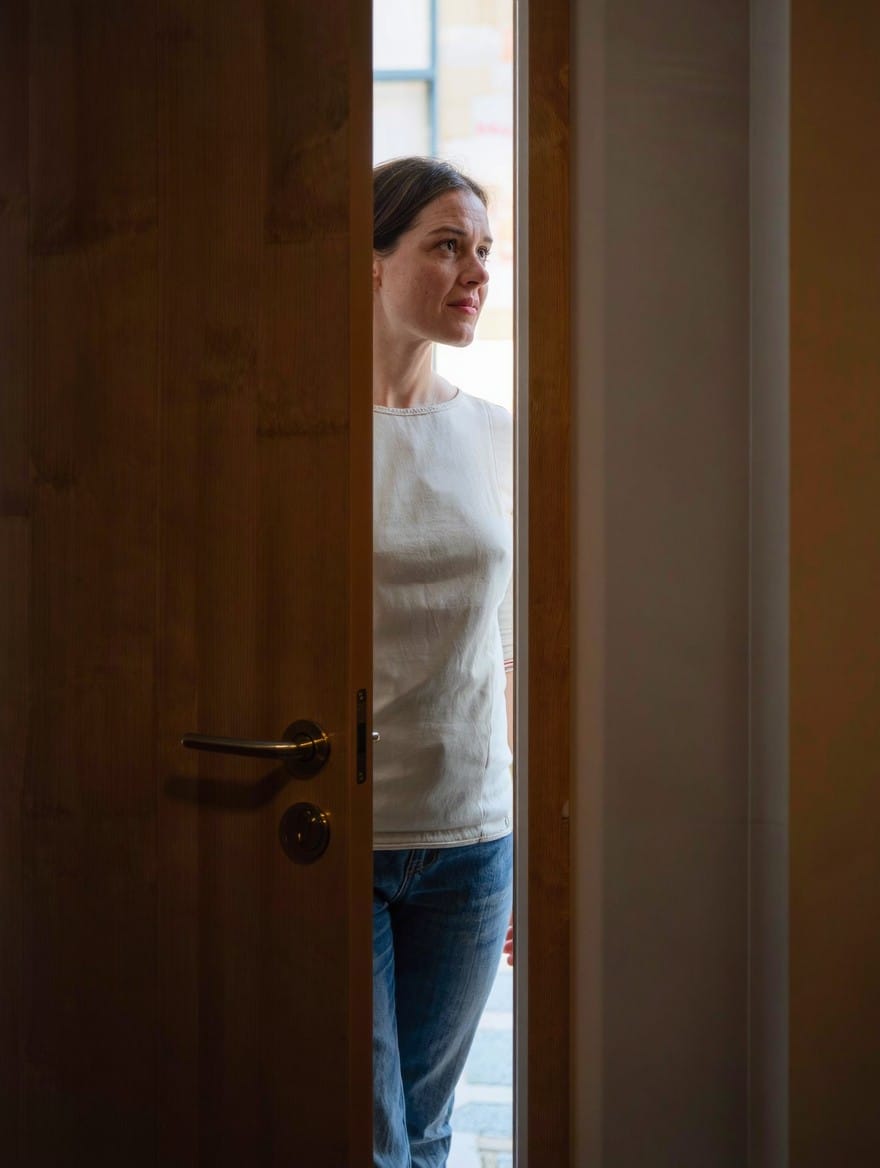 Woman standing in a doorway looking outside. families of Veterans in recovery navigate complex emotions while setting healthy limits