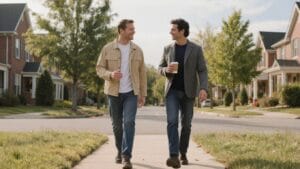 Two men walking together in a neighborhood — peer connection is the most undervalued component of Veteran addiction suicide prevention