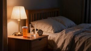 Nightstand with prescription bottle and water glass — benzo addiction in Veterans often developed from prescribed anxiety and sleep medications