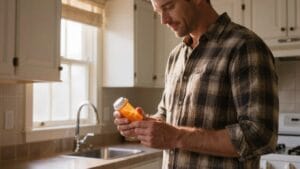 Man reading a prescription bottle label — Veteran opioid dependency often began with legitimate military medical prescriptions